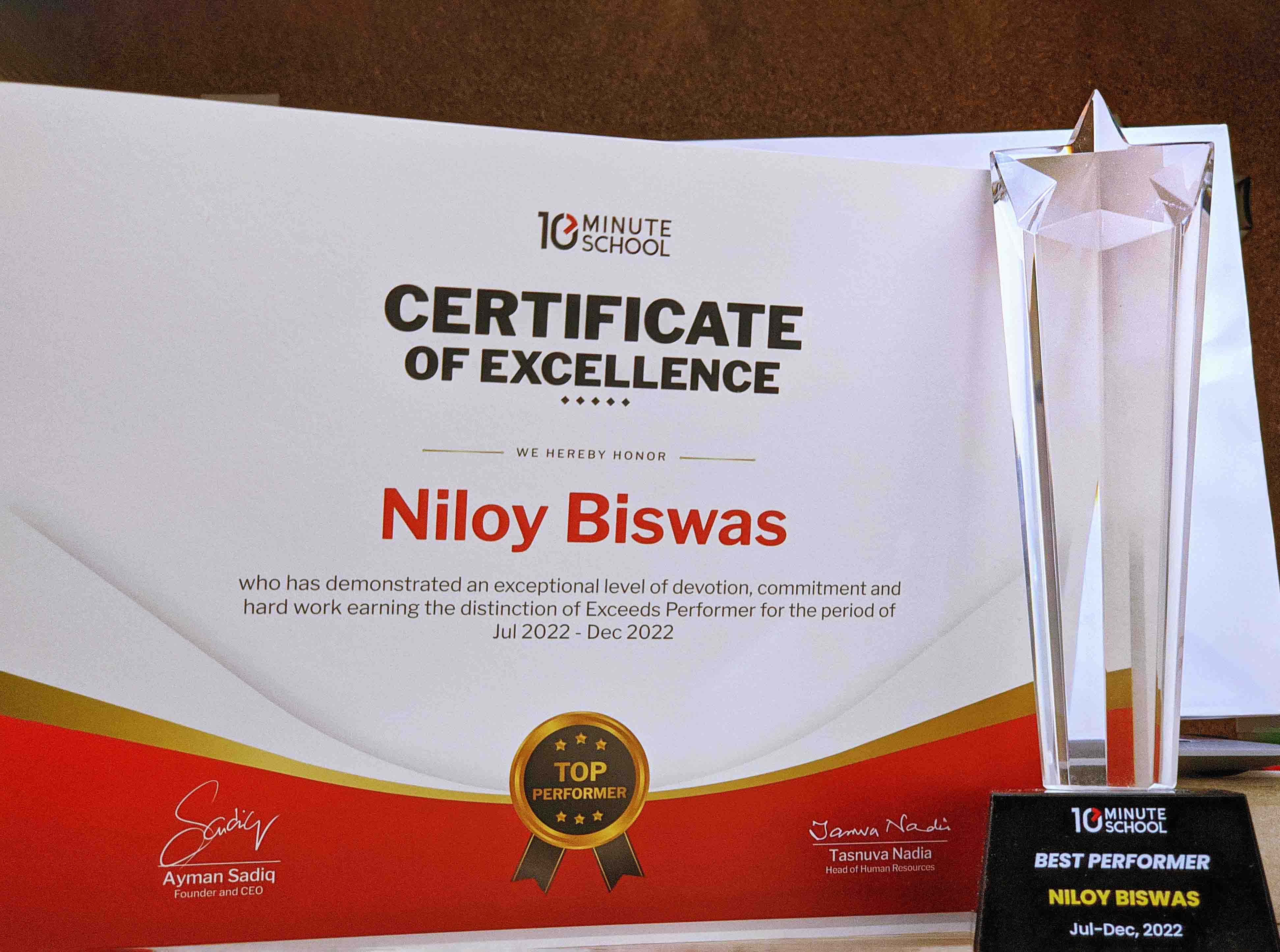 10 Minute School best performer certificate of Niloy Biswas